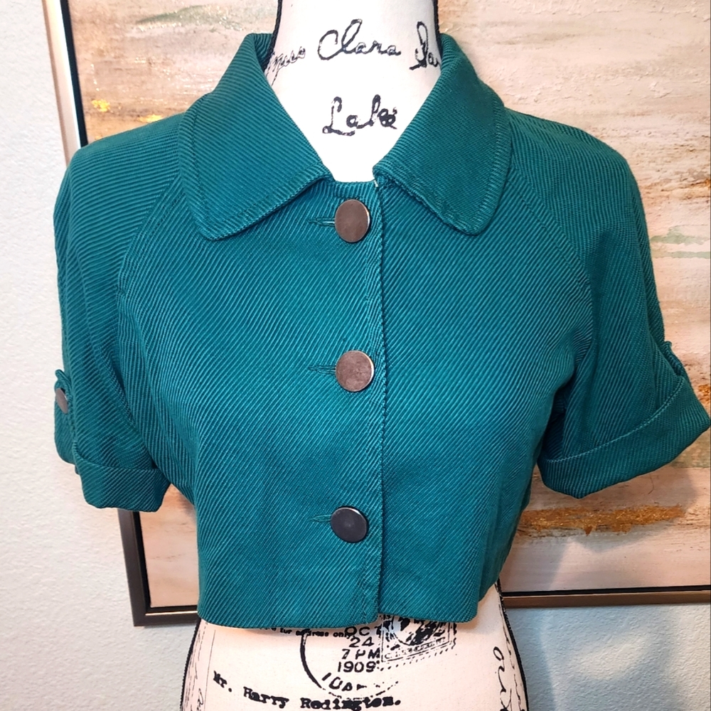 Express Design Studio crop dark green jacket.